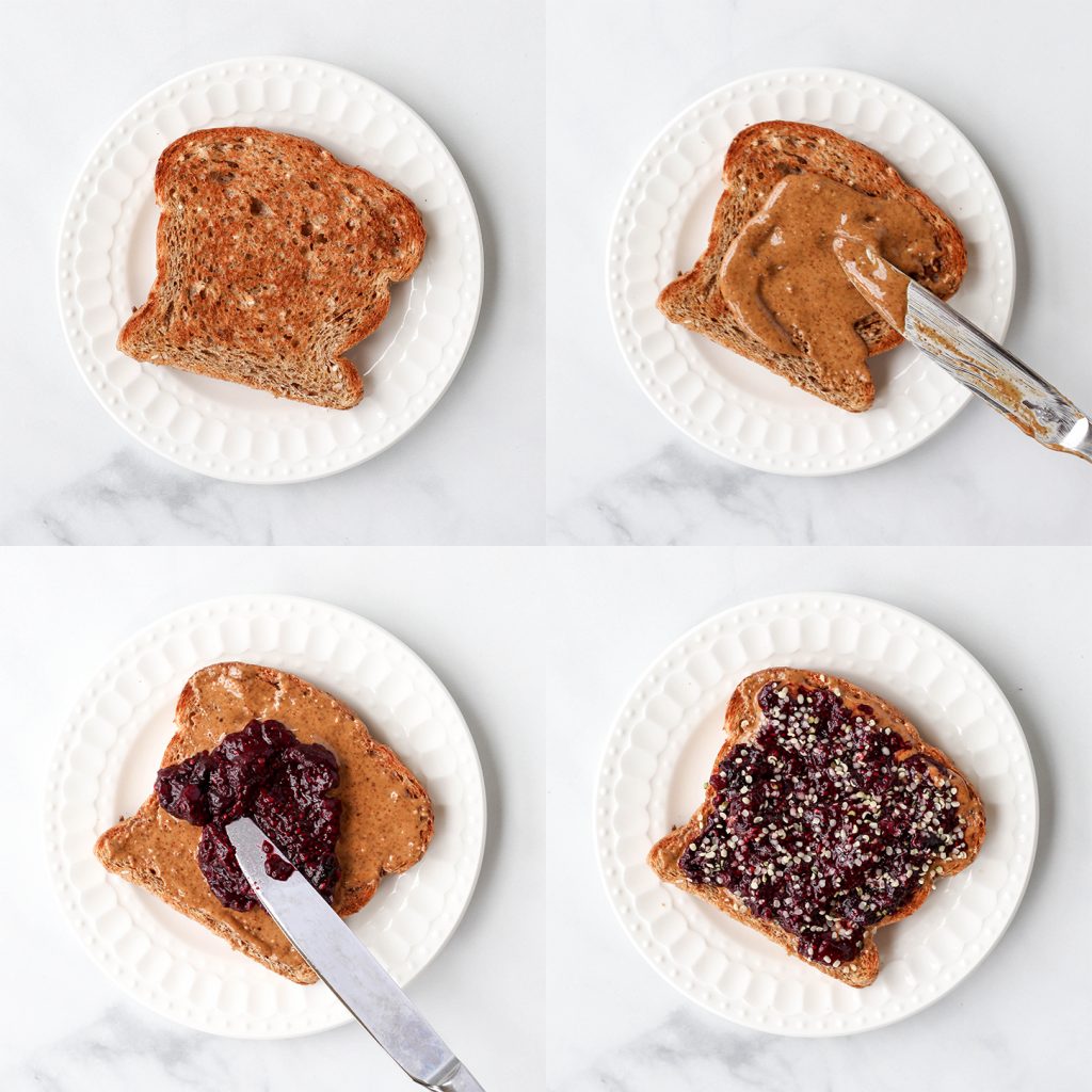a collage of four images demonstrating the steps of creating the almond butter and chia jam toast.