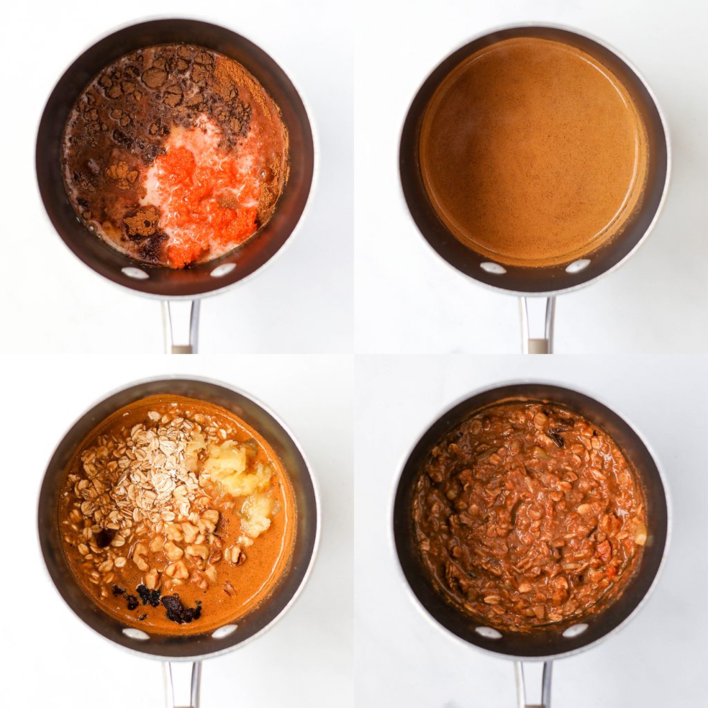 a collage of four process shots, showing the ingredients of the oatmeal cooking in a saucepan