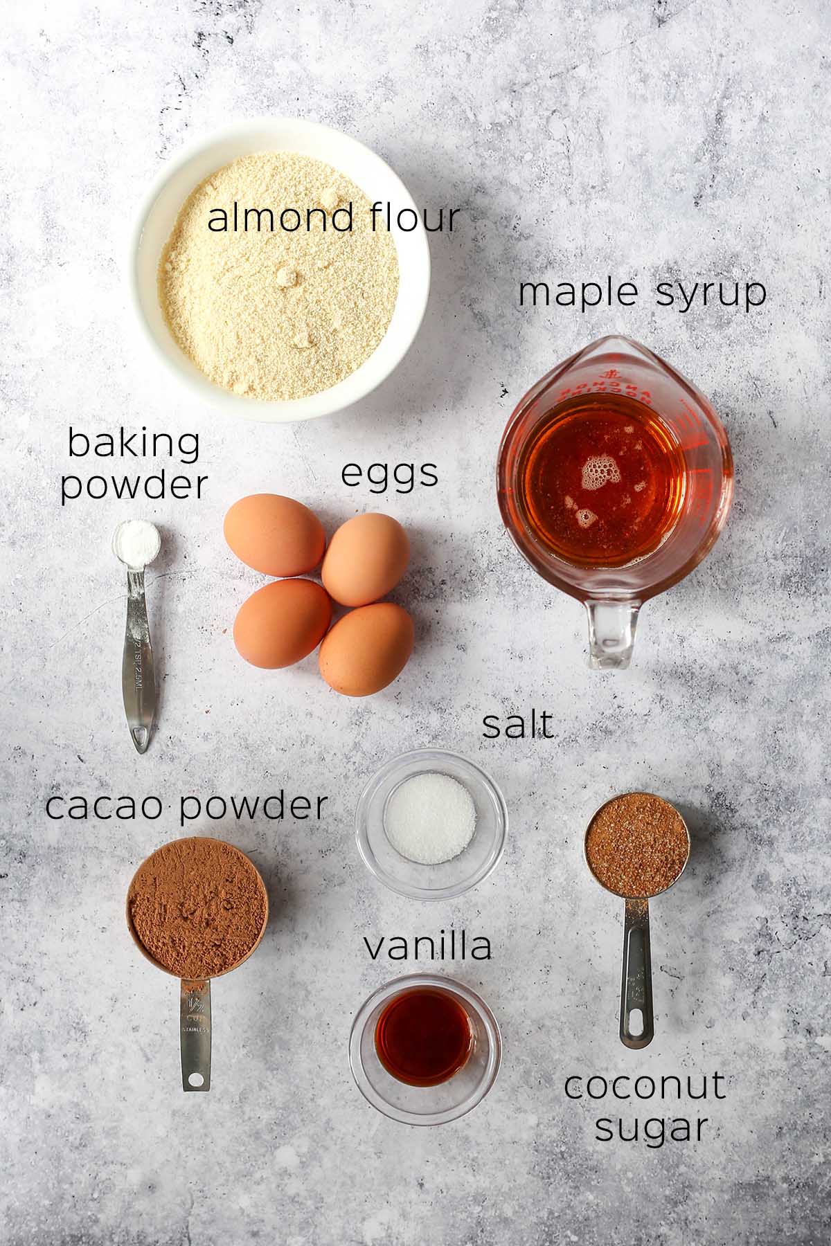 the ingredients required to make the chocolate cake with almond flour