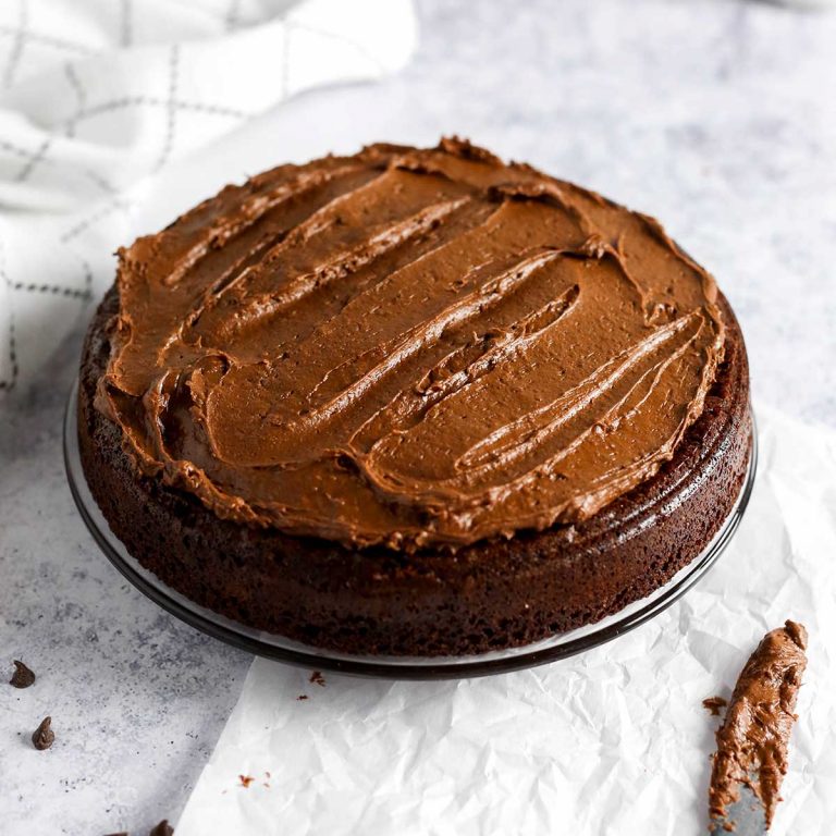 a chocolate cake on a plate with chocolate frosting