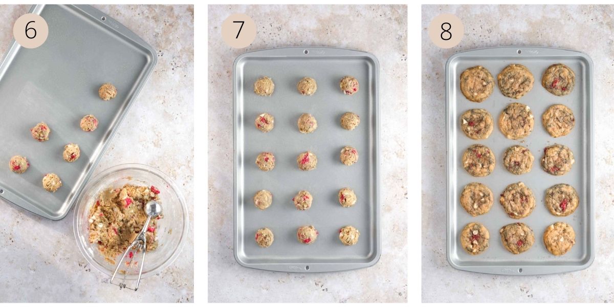 a collage of three images, demonstrating scooping the cookie dough and placing it on the baking sheet, then showing the baked cookies on the pan.