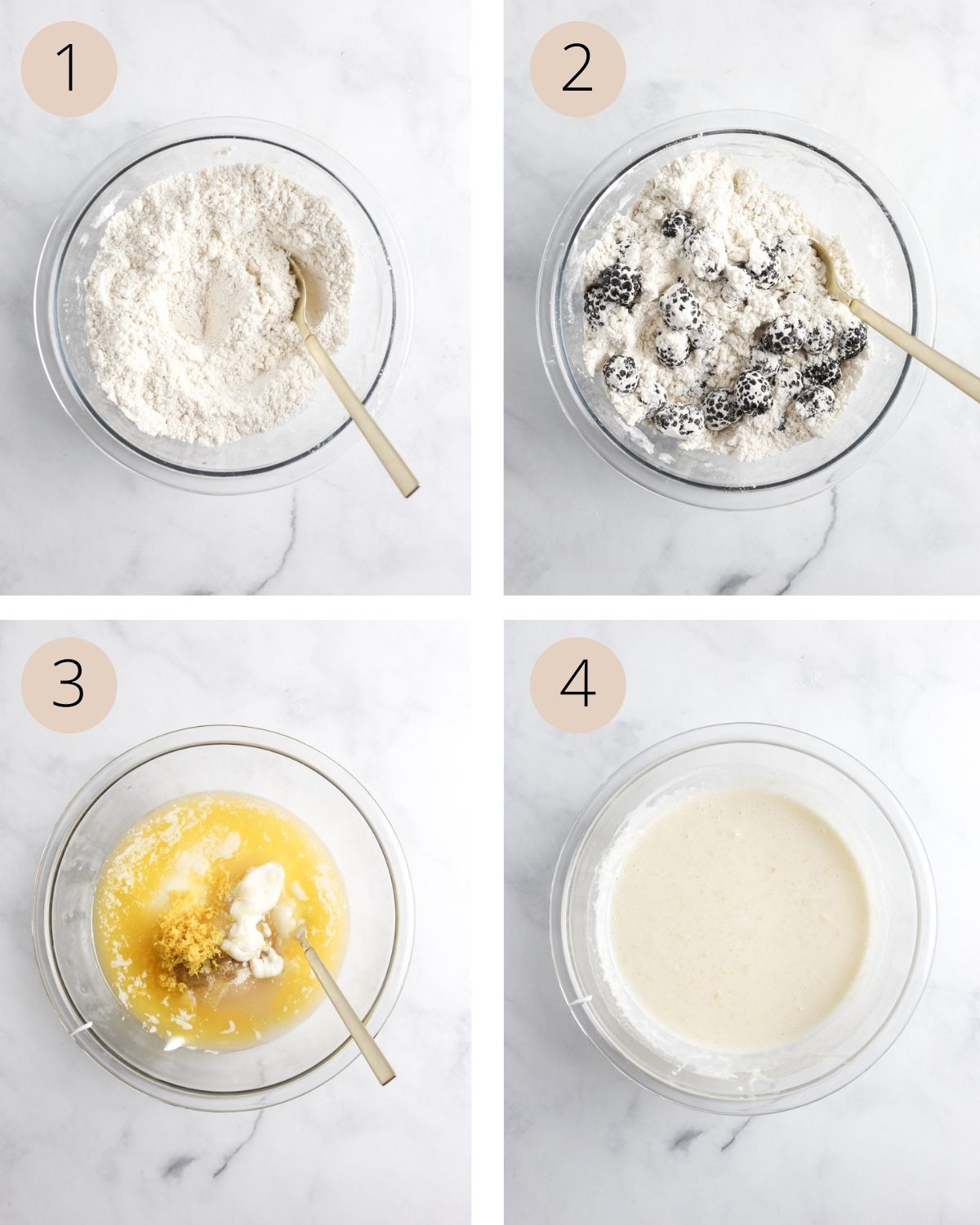 a collage of four images demonstrating how to mix the dry ingredients, fold in the blackberries, and whisk the wet ingredients until a creamy mixture forms.