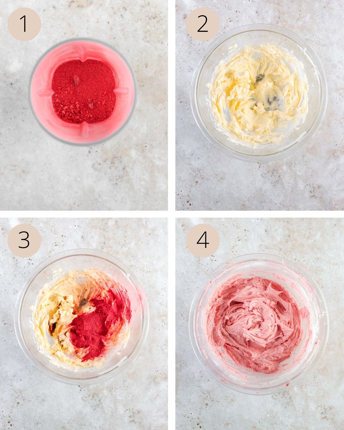 four images demonstrating the steps of making strawberry buttercream frosting, including blending the strawberries, beating the butter, and adding the sugar.