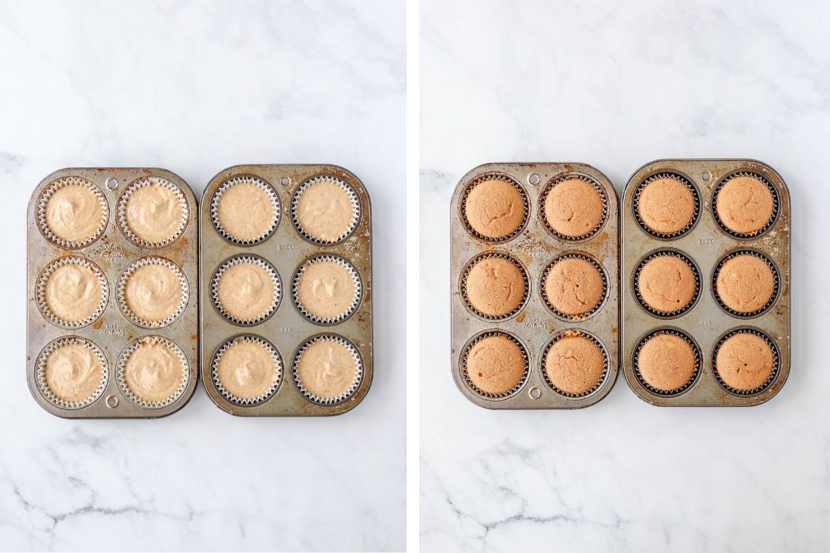 muffin tins with cupcake batter before and after baking.