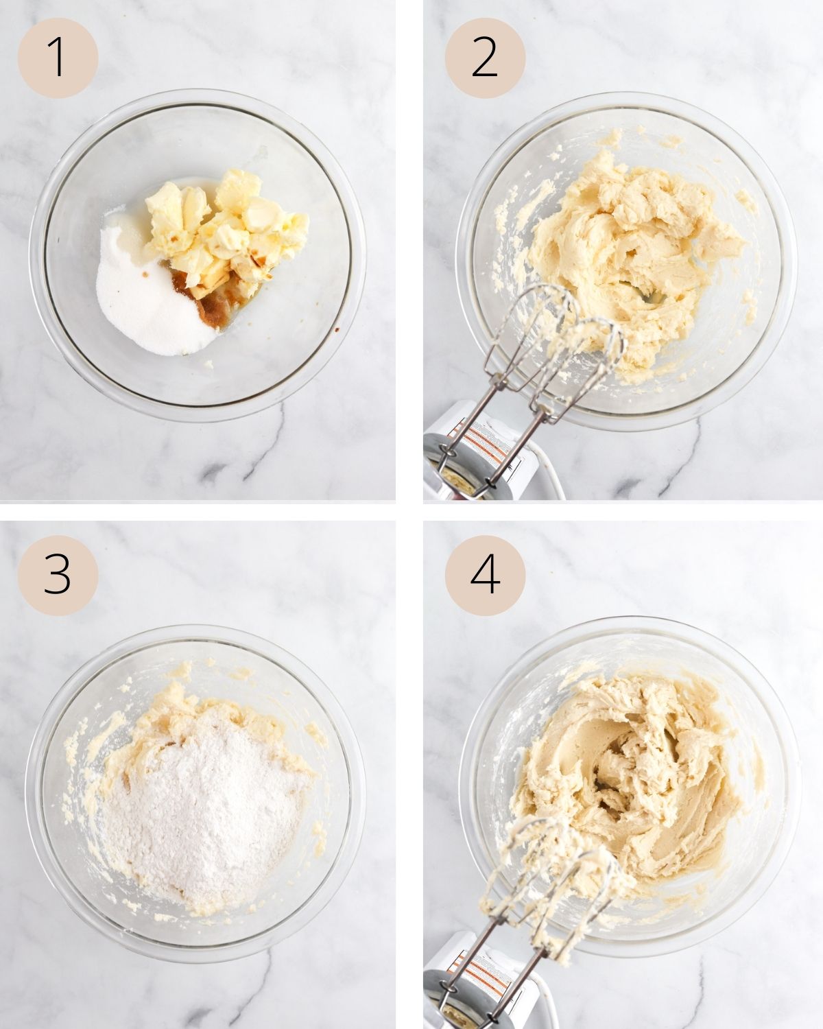 a collage of four images, demonstrating how to beat the vegan butter and sugar into a smooth cookie dough mixture.