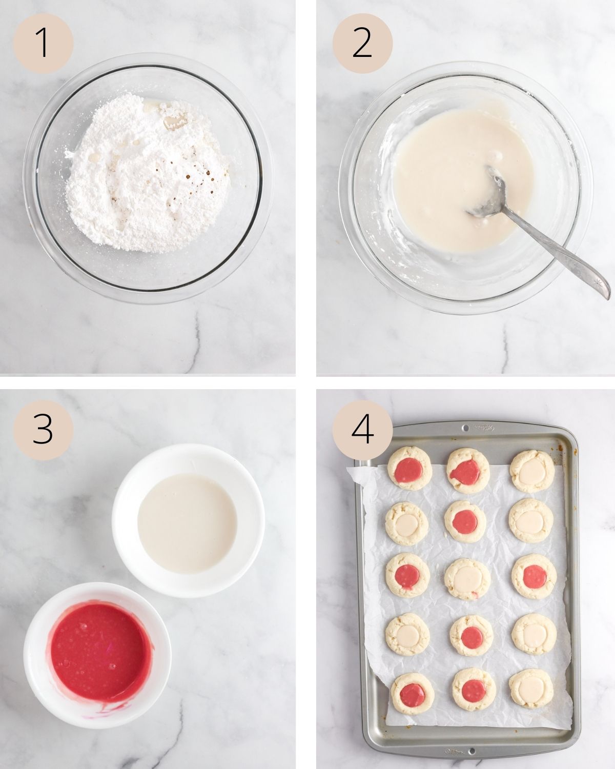 a collage of four images, showing how to mix the icing, color the icing in separate bowls, and add the icing into the center of the baked thumbprint cookies.