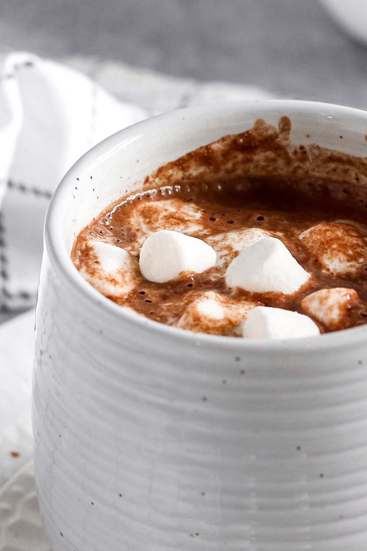 a close-up image of the mug containing hot cocoa and marshmallows.