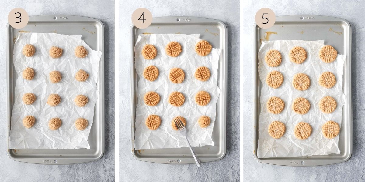 a collage of three images, showing the cookie dough on a baking sheet, pressing it with a fork, and baking the almond flour cookies.