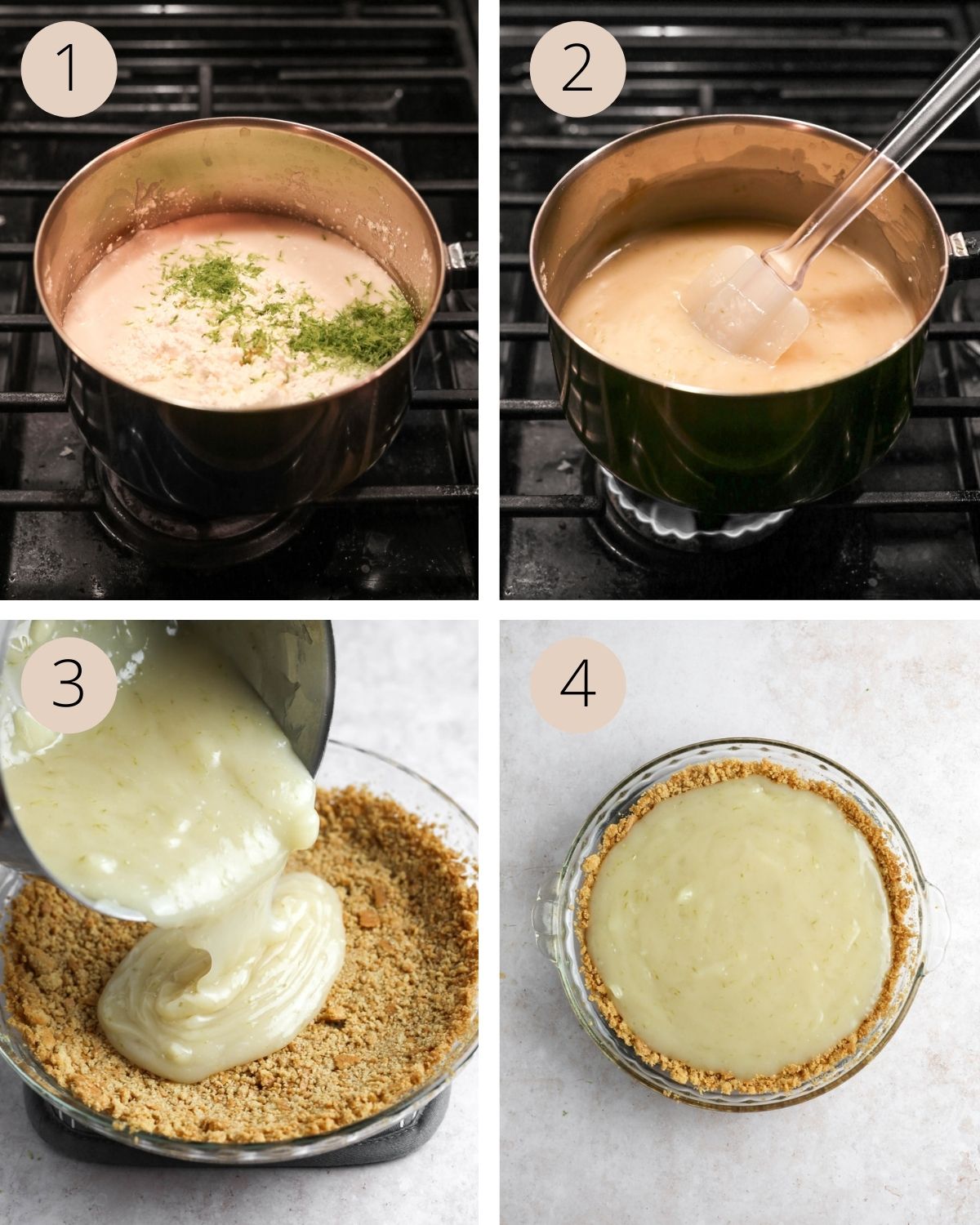 heating the key lime pie filling ingredients in a saucepan on the stove, then pouring the filling into the pie crust.