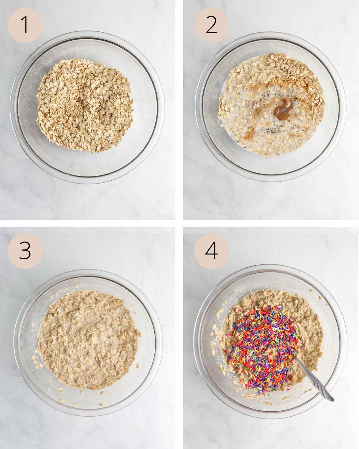 a collage of four images, demonstrating mixing the oats, adding wet ingredients, and mixing in sprinkles.