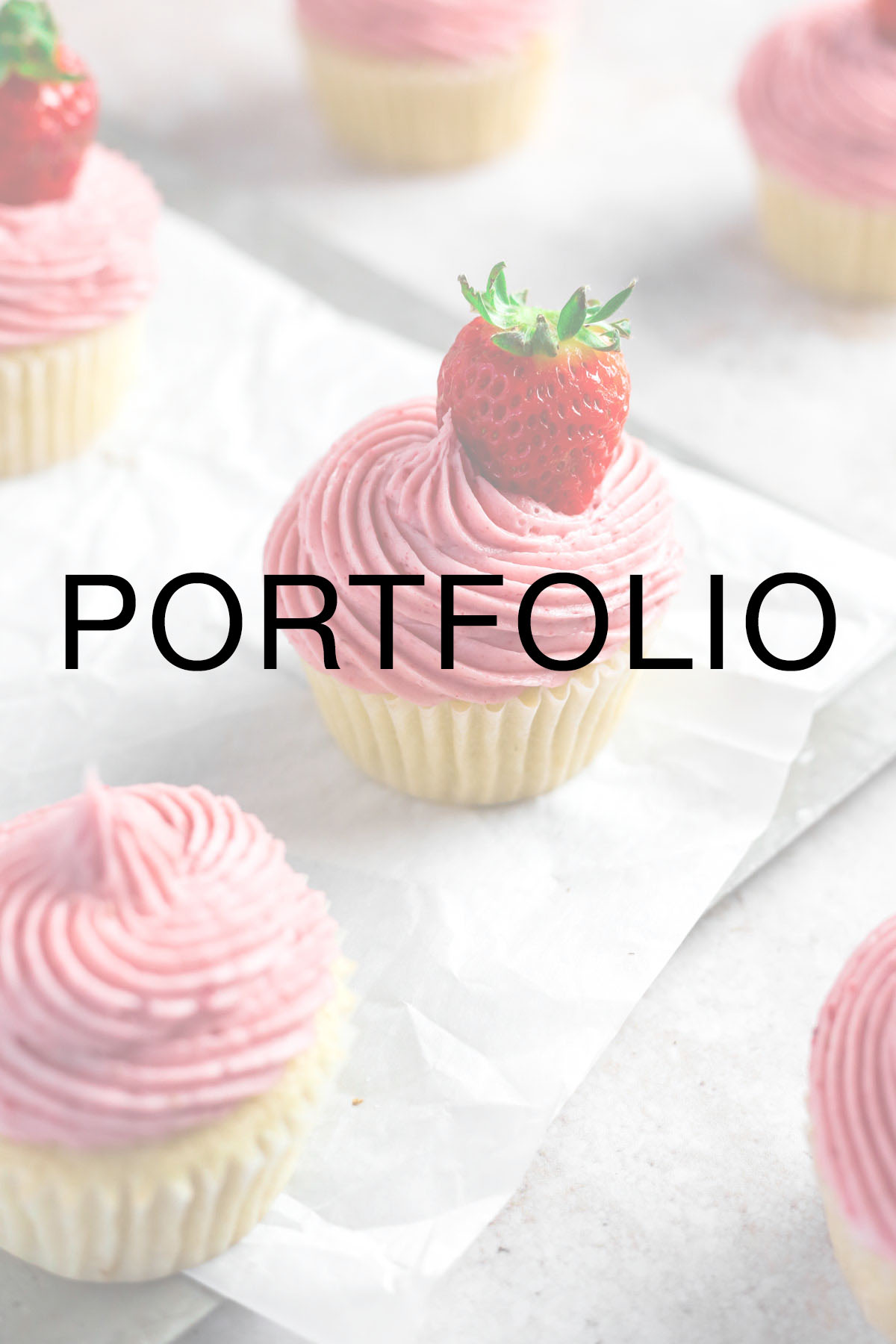 vegan strawberry cupcakes with "portfolio" text over the image.