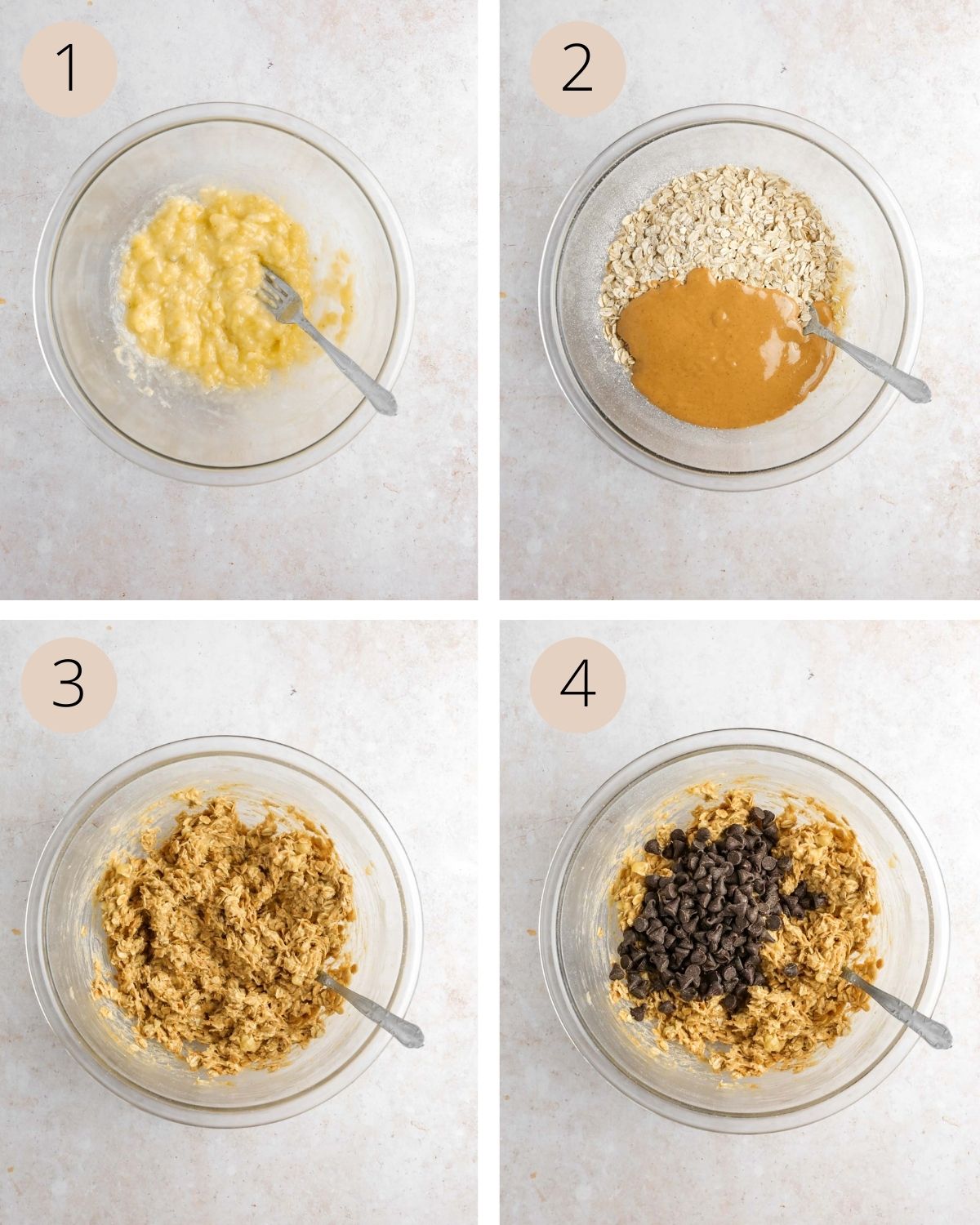 a collage of four images, showing how to mash the banana. add the oats, and fold in the chocolate chips for making the cookies.