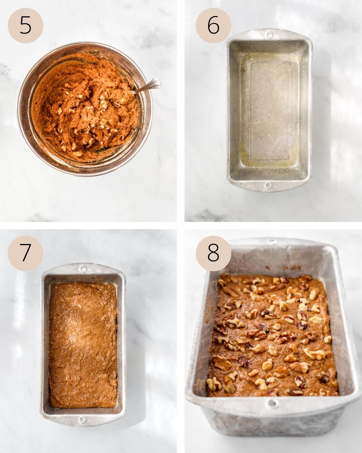 a collage of four images showing how to mix in the walnuts, add the batter to the loaf pan, and add more walnuts on top before baking.