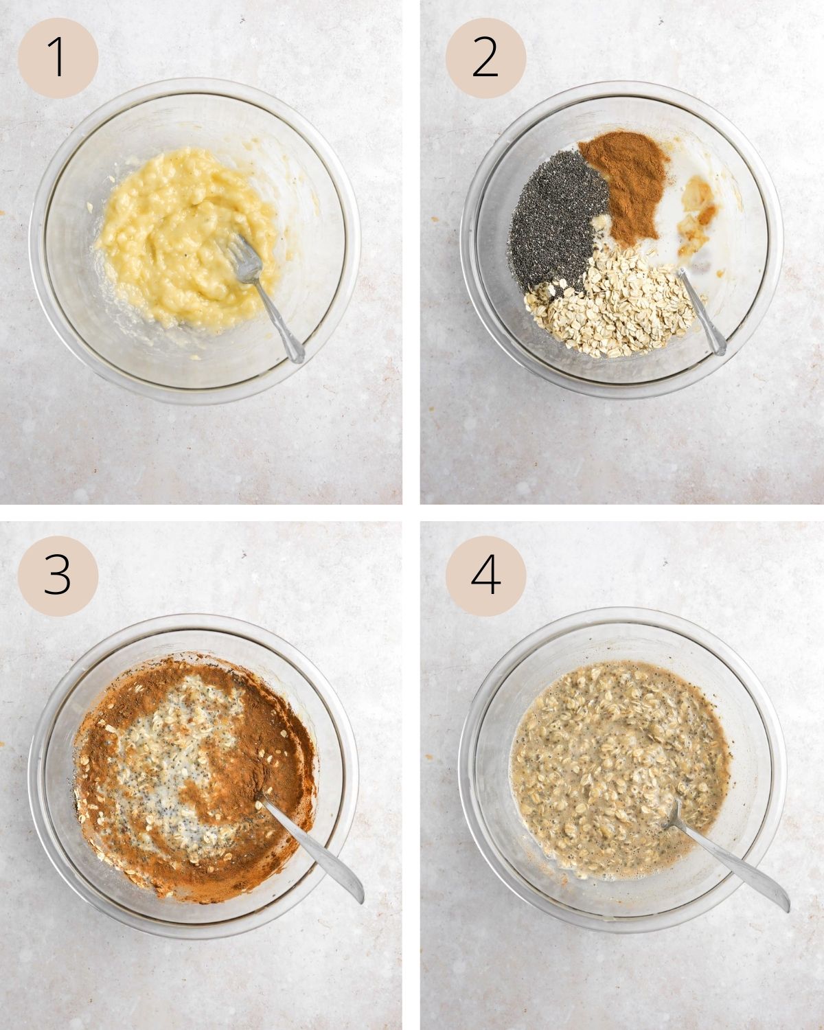a collage of four images demonstrating how to mash the banana, mix the oats, and chill the oats.