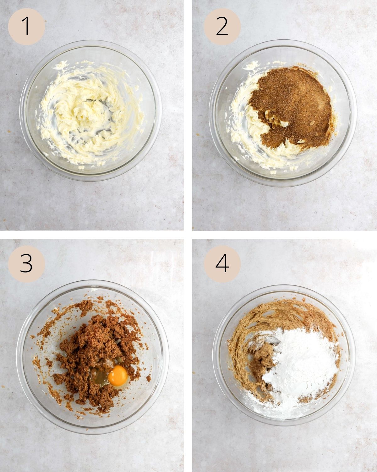 a collage of four images, demonstrating how to cream the butter and sugar and add the flour.