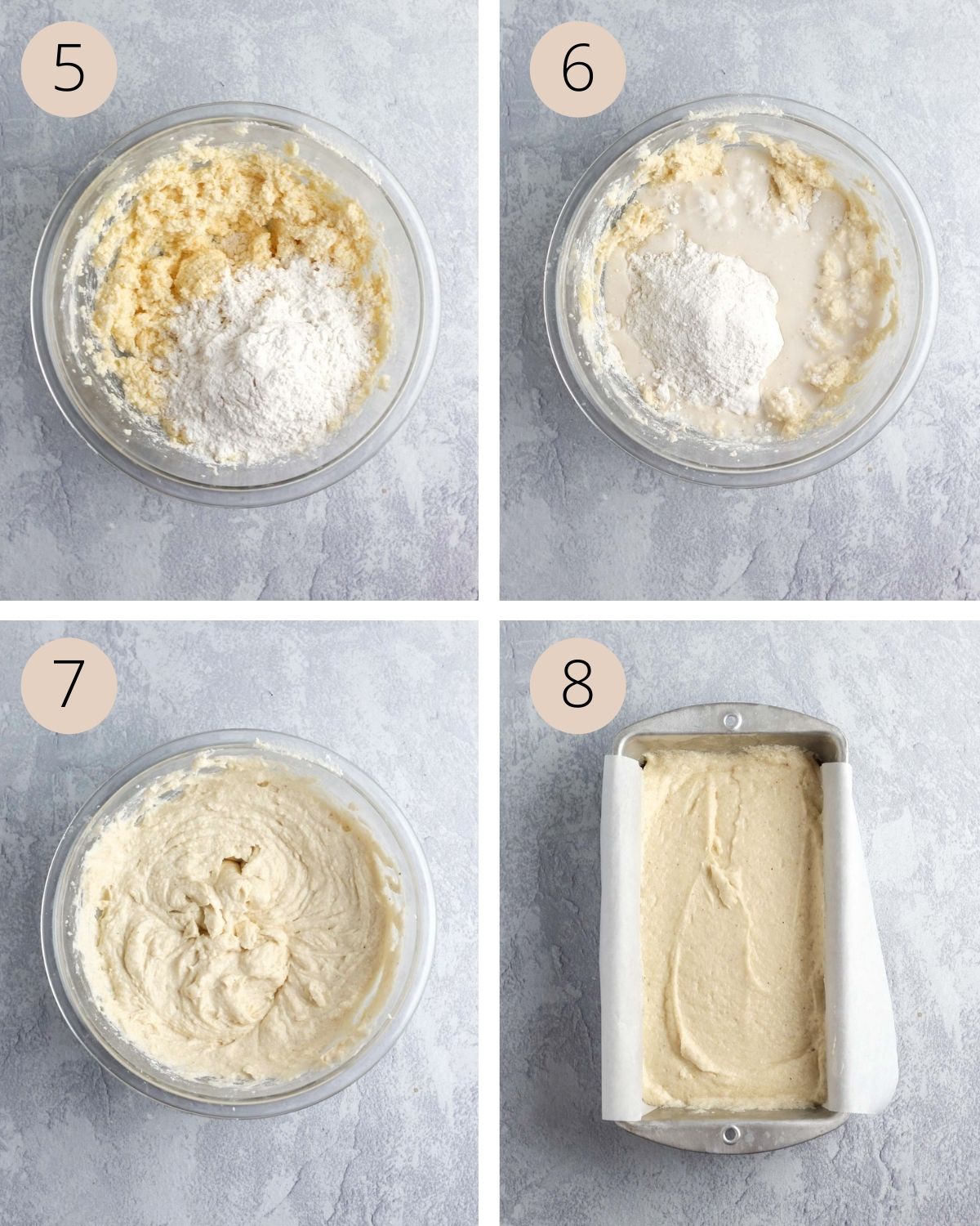 a collage of four images demonstrating how to add the flour, plant milk, and mix the pound cake batter. Then transfer the batter to the loaf pan.