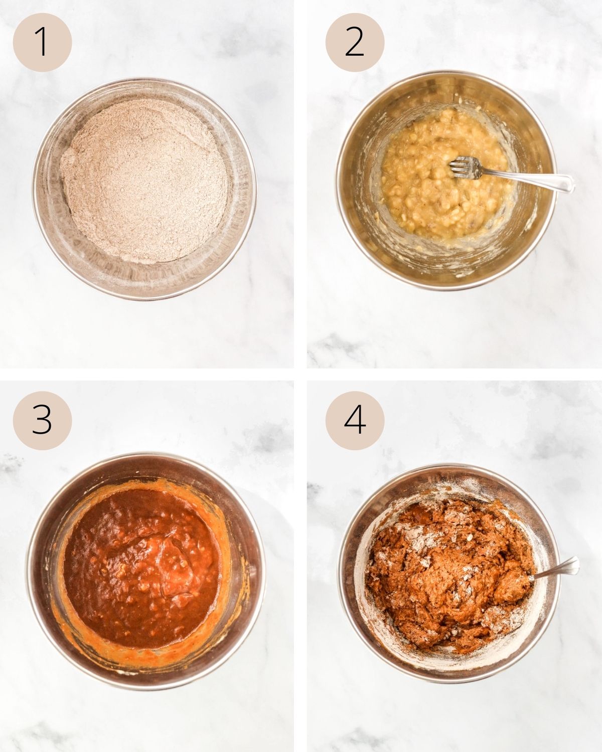a collage of four images, showing how to mix the dry ingredients, mash banana, add wet ingredients, and form a thick batter.