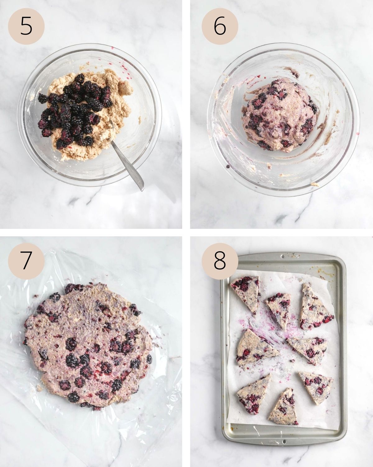 a collage of four images showing how to fold in the blackberries, roll the dough into a ball, and slice the dough into triangular scones.