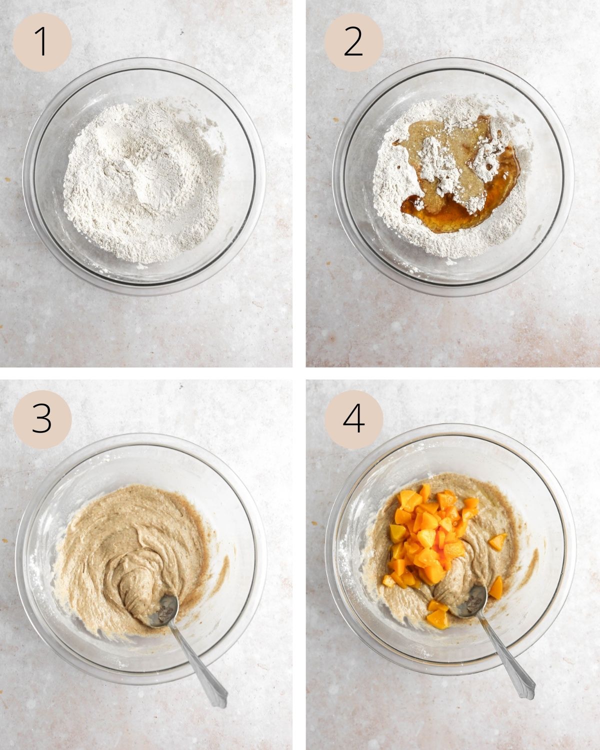 a collage of four images showing how to mix the dry ingredients, wet ingredients, and add peaches to the pancake batter.