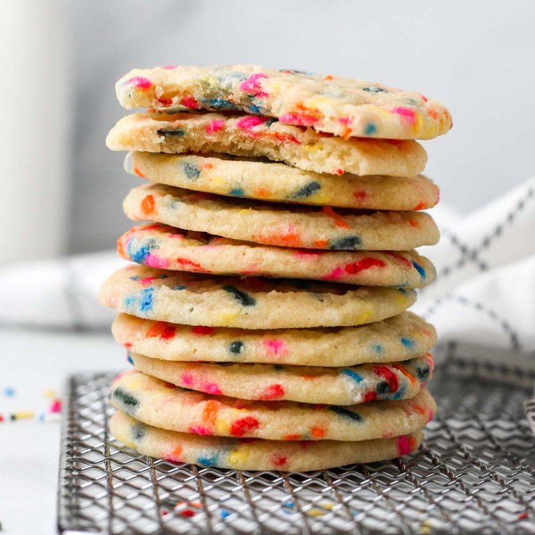 a stack of vegan funfetti sugar cookies.