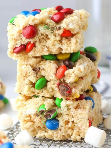 a thick stack of rice krispie treats with M&ms.