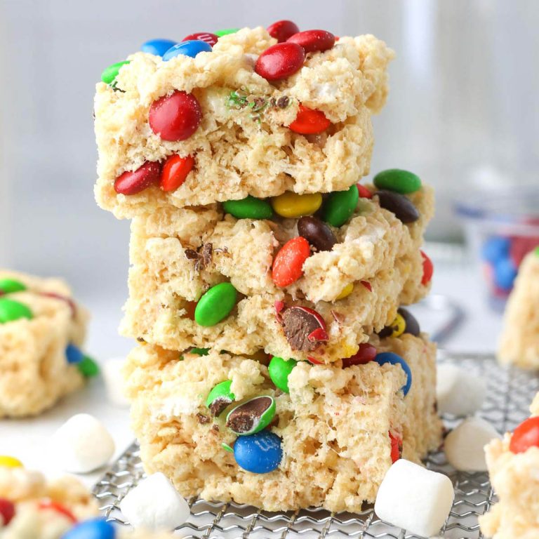 a thick stack of rice krispie treats with M&ms.