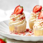 Strawberry crunch cupcakes with crumble topping.