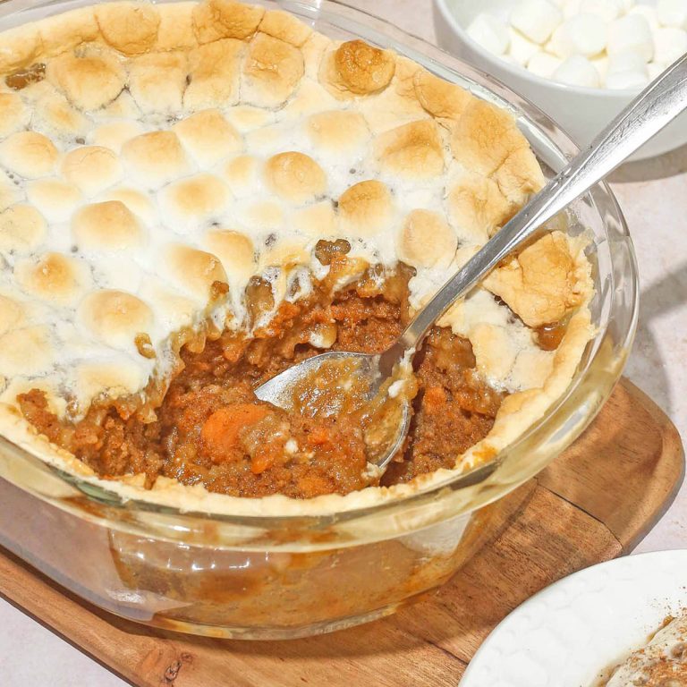 gluten-free and dairy-free sweet potato casserole in a casserole dish, baked.